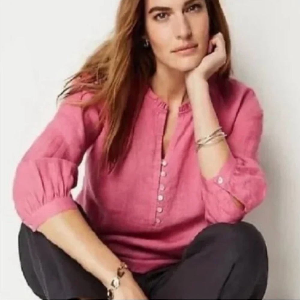 J. Jill Pink Love Linen Relaxed Blouse Ruffle 3/4 Balloon Sleeve Sz: XSP